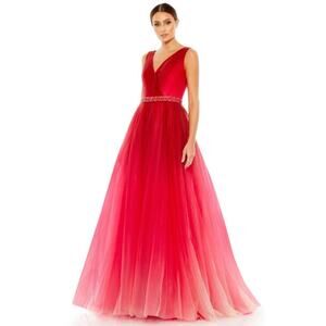 Mac Duggal 20378 Beaded Belt Red Ombre Tulle Dress Size 8 NWT